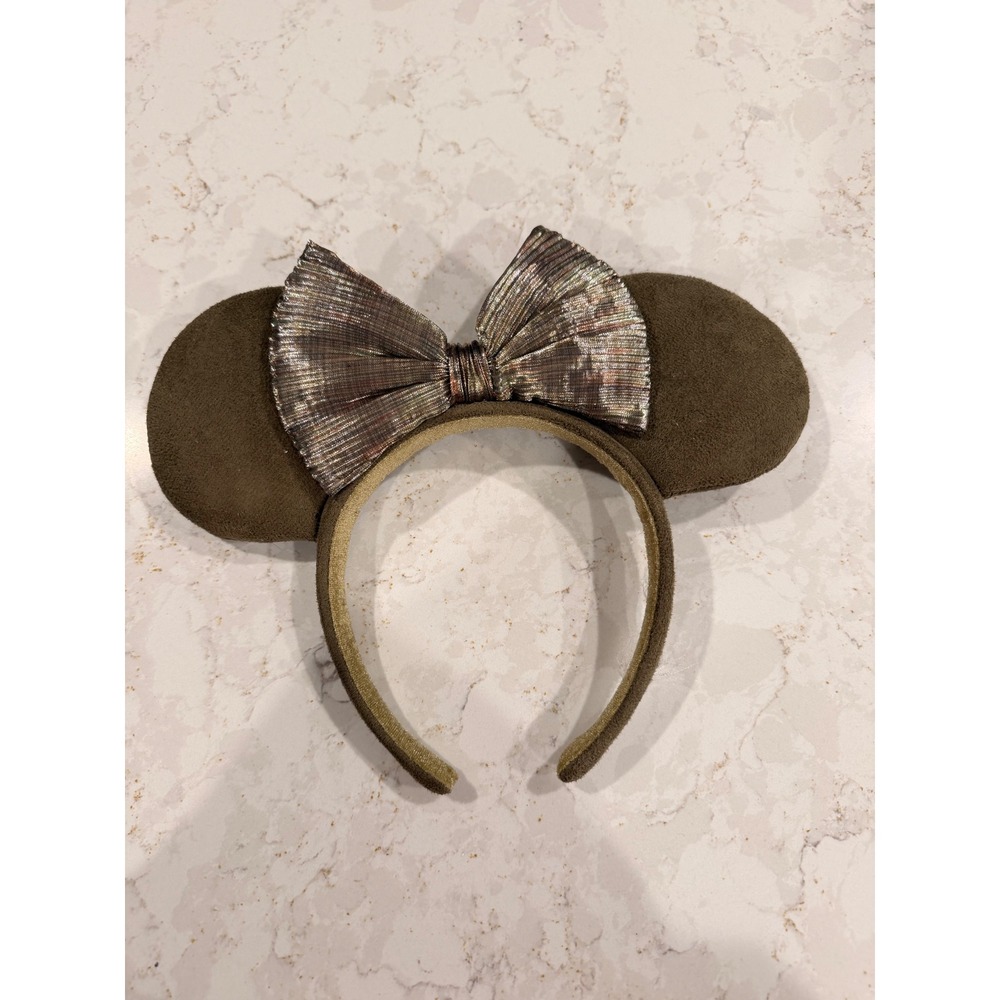 Disney Parks Minnie Mouse Ears Headband Olive Green Faux Suede Metallic Bow